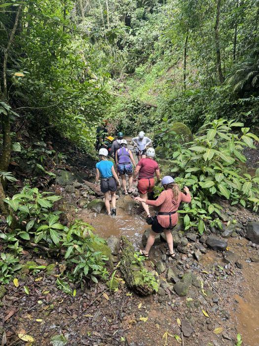 Grupo caminando por el cauce entre la selva